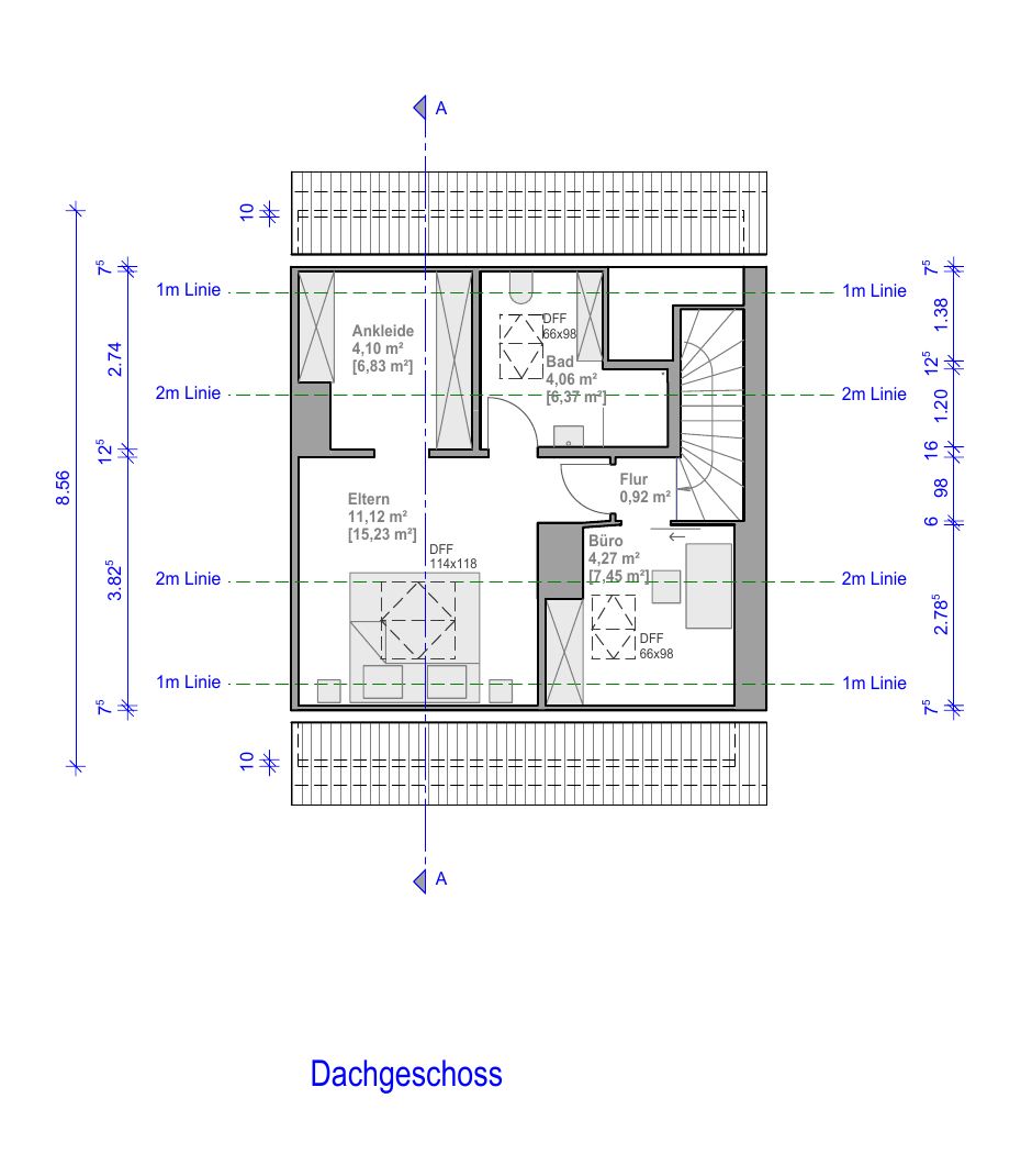 Grundriss Dachgeschoss mit Schlafzimmer, Ankleide und Duschbad