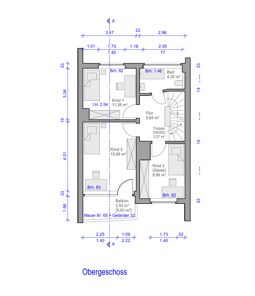 Grundriss Obergeschoss mit drei Zimmern, Tageslichtbad und Balkon